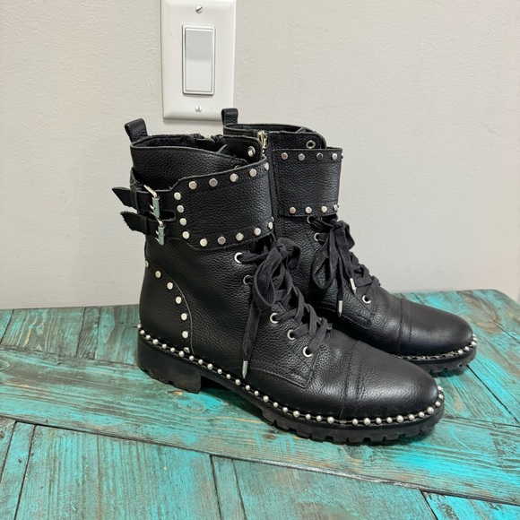 Sam Edelman Jennifer Black Leather Studded Moto Combat Boots Size 9 - Picture 3 of 14